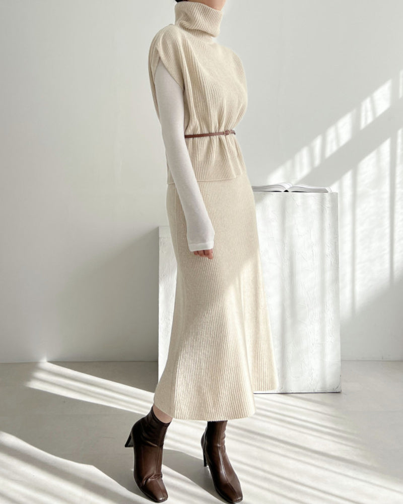 Casual Two-piece Outfits Turtleneck Sleeveless Sweater Vest and Mid-length Skirts Sets