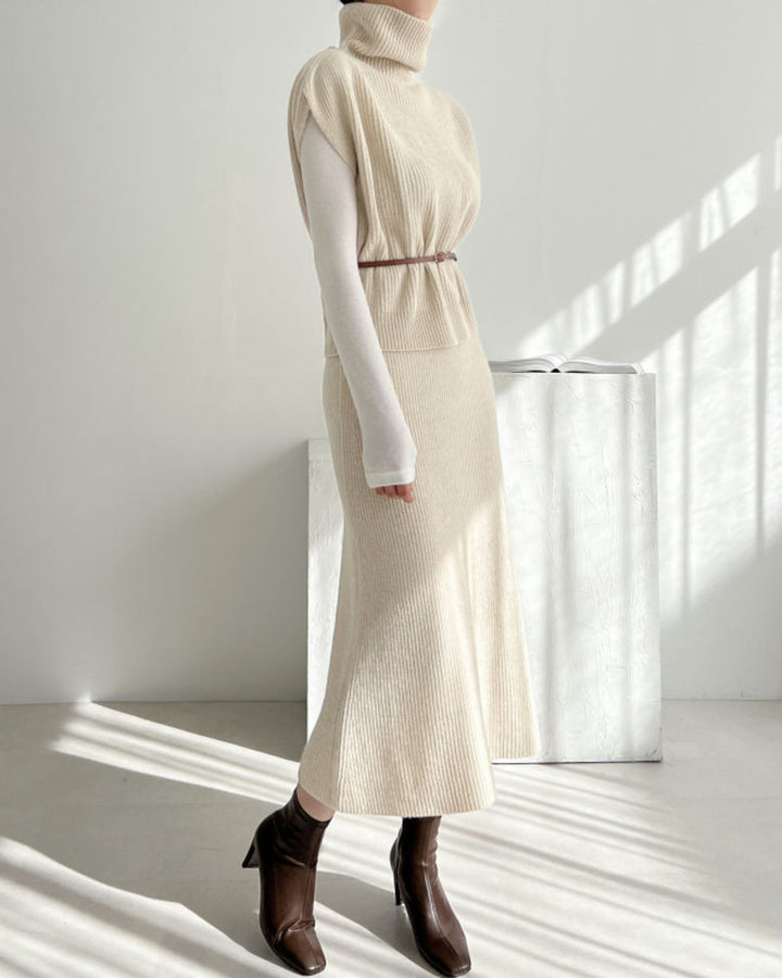 Casual Two-piece Outfits Turtleneck Sleeveless Sweater Vest and Mid-length Skirts Sets
