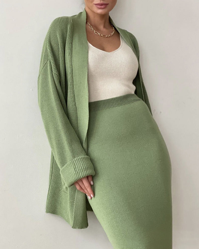 Two Piece Outfit Sweater Set Knitted Cardigan Loose High Waist Long Skirts