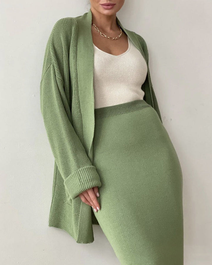 Two Piece Outfit Sweater Set Knitted Cardigan Loose High Waist Long Skirts
