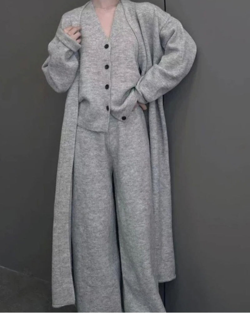 Knitted Three Piece Set Cardigan Sweater Vest and Wide Leg Pants