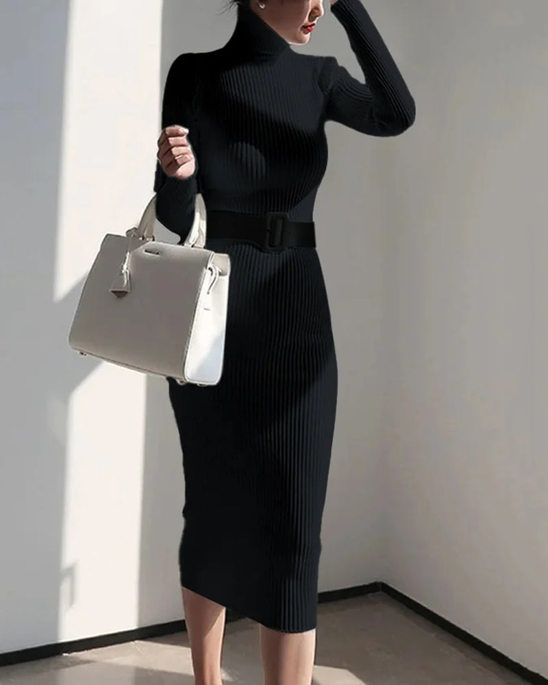 Elegant Turtleneck Sweater Dress Slim-fitting Belted Knee-length Knitted Dress