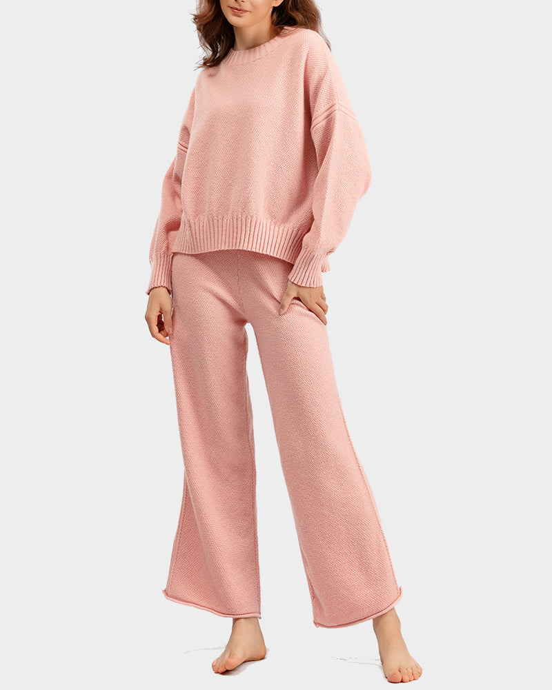 Casual Knit Two-Piece Set Loose-Fit Sweater and Wide-Leg Pants