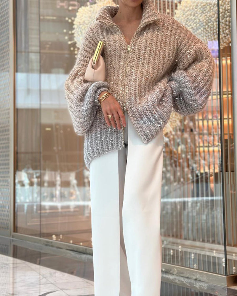 Solid Knit Sequined Sweater Jacket