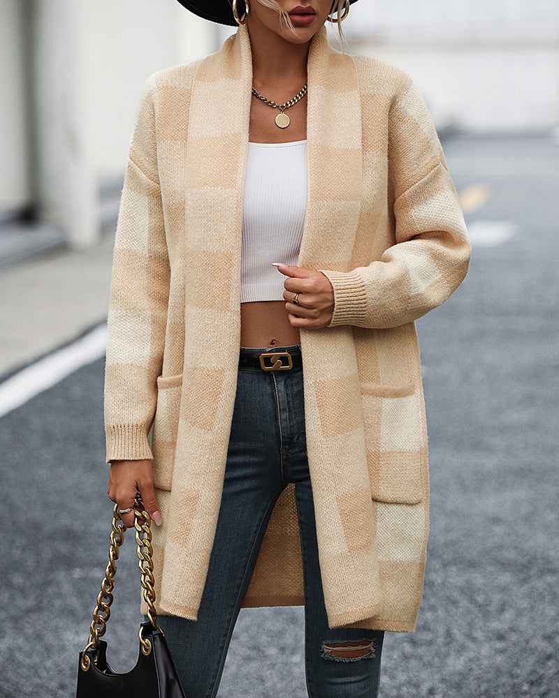 Plaid Dropped Shoulder Cardigan with Pocket
