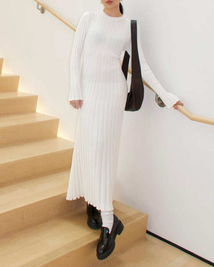 Long Sleeve Dress Crew-Neck Knit Maxi Dress Ribbed Elegant Long High Waist Pleated Dresses
