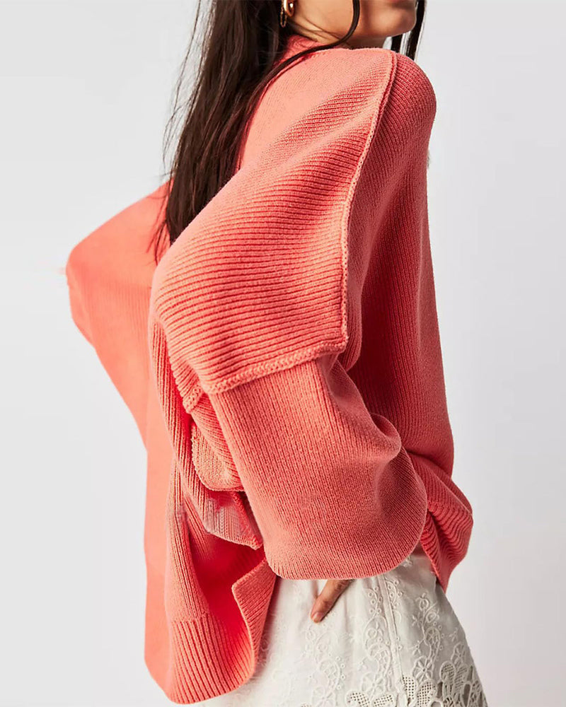 Lantern Sleeve Mock Neck Pullover with Ribbed Cinch Hem Batwing Sweater