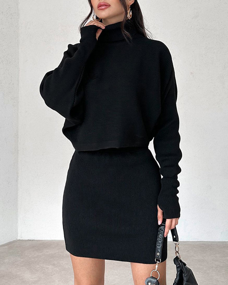 Casual Two Pieces Sets Turtleneck Sweater and Mini Skirt Suits