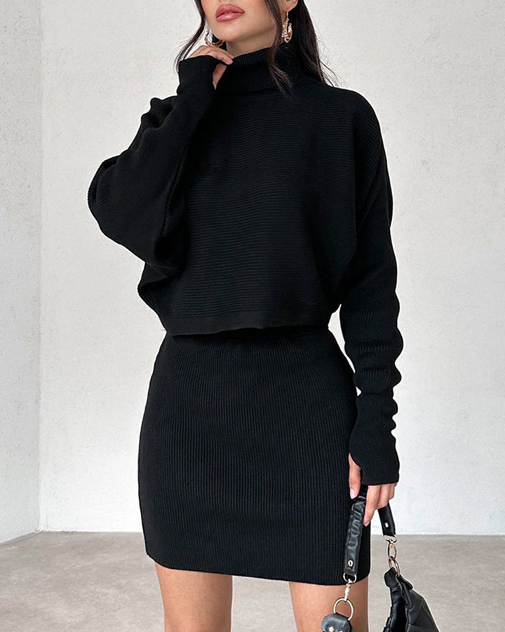 Casual Two Pieces Sets Turtleneck Sweater and Mini Skirt Suits