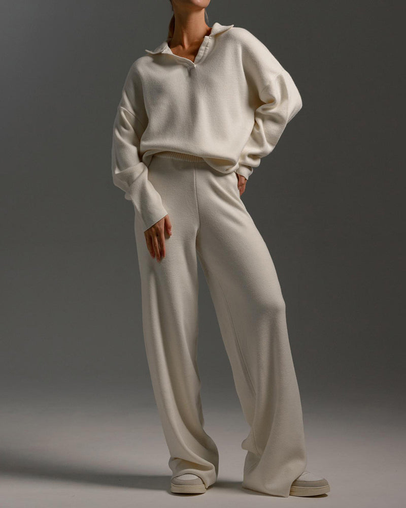 Casual Two-Pieces Outfits Lapel V Neck Sweater and Trousers Sets