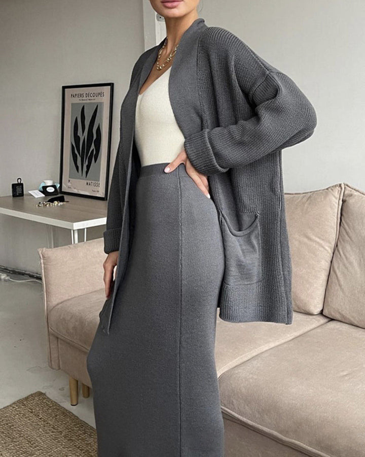 Two Piece Outfit Sweater Set Knitted Cardigan Loose High Waist Long Skirts