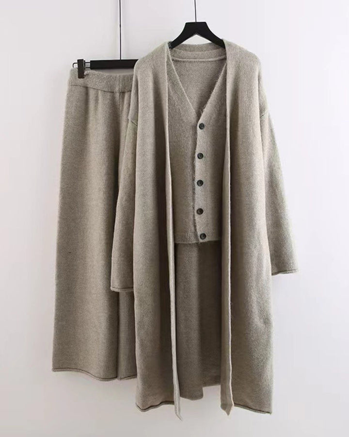 Knitted Three Piece Set Cardigan Sweater Vest and Wide Leg Pants