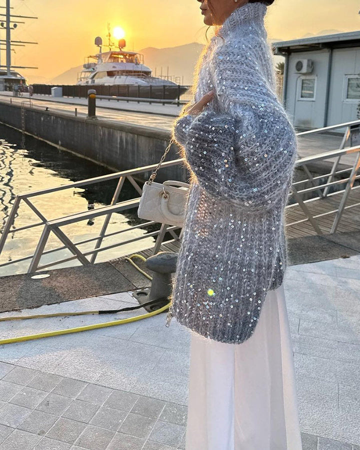 Solid Knit Sequined Sweater Jacket