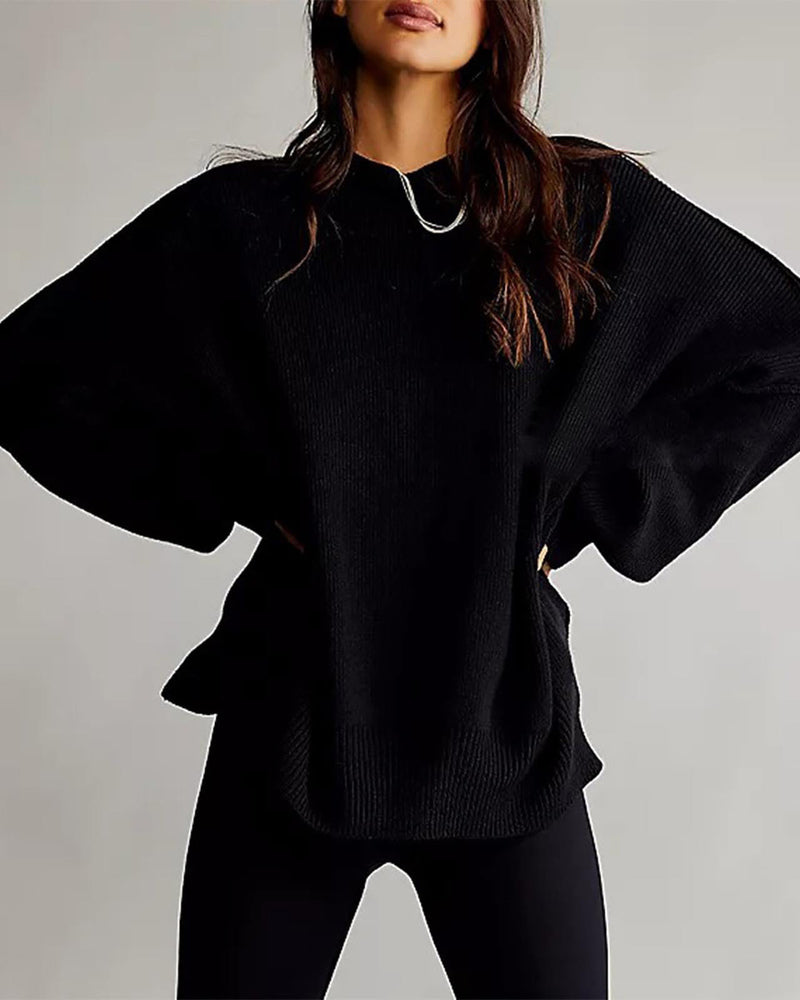 Lantern Sleeve Mock Neck Pullover with Ribbed Cinch Hem Batwing Sweater