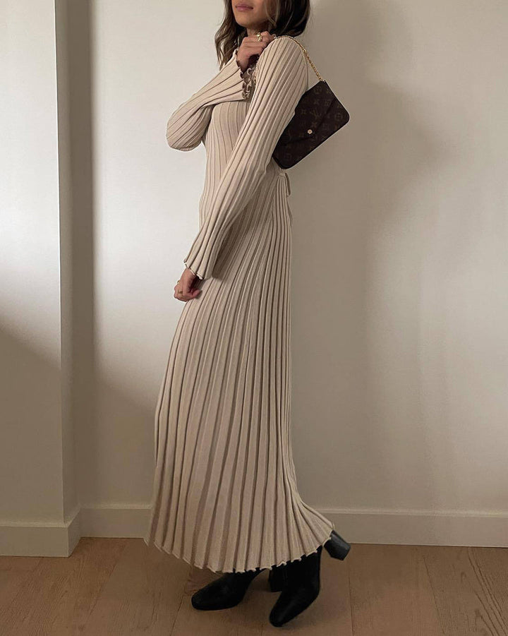 Long Sleeve Dress V-Neck Knit Maxi Dress Ribbed Elegant Long High Waist Pleated Dresses
