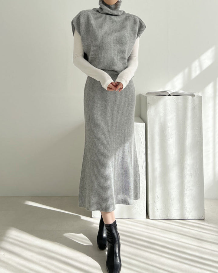Casual Two-piece Outfits Turtleneck Sleeveless Sweater Vest and Mid-length Skirts Sets