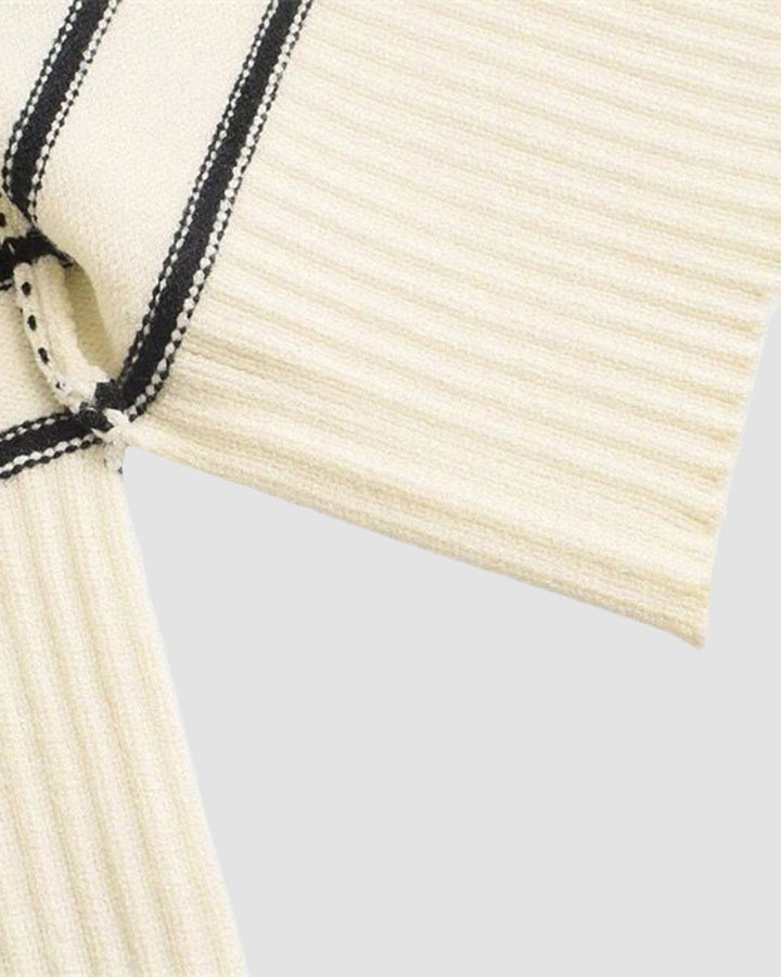 Mock Neck Zip-Up Striped Pullover Loose Sweater