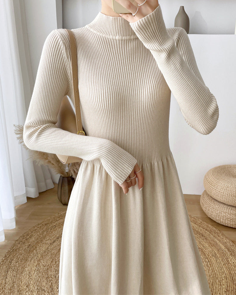 Long-Sleeve High Neck Plain Ribbed Midi A-Line Knit Dress