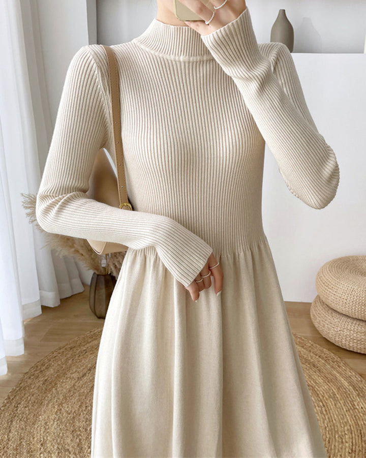 Long-Sleeve High Neck Plain Ribbed Midi A-Line Knit Dress