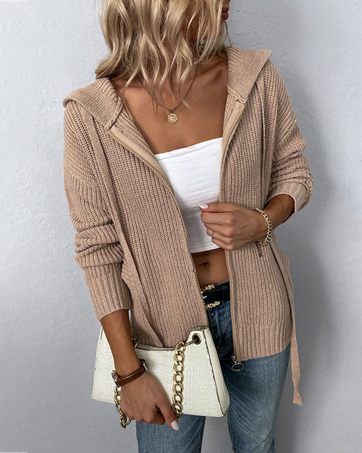 Long Sleeve Zipper Knitted Cardigan Hoodie Casual Short Sweater Outerwear