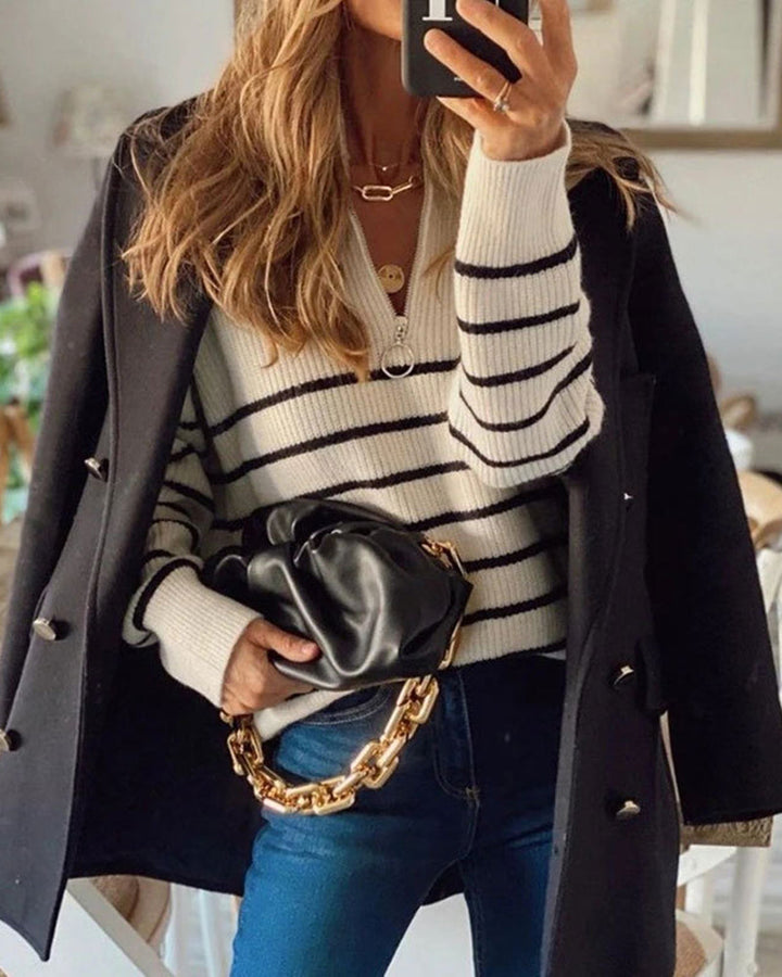 Striped Pattern Quarter Zipper Drop Shoulder Sweater Pullover