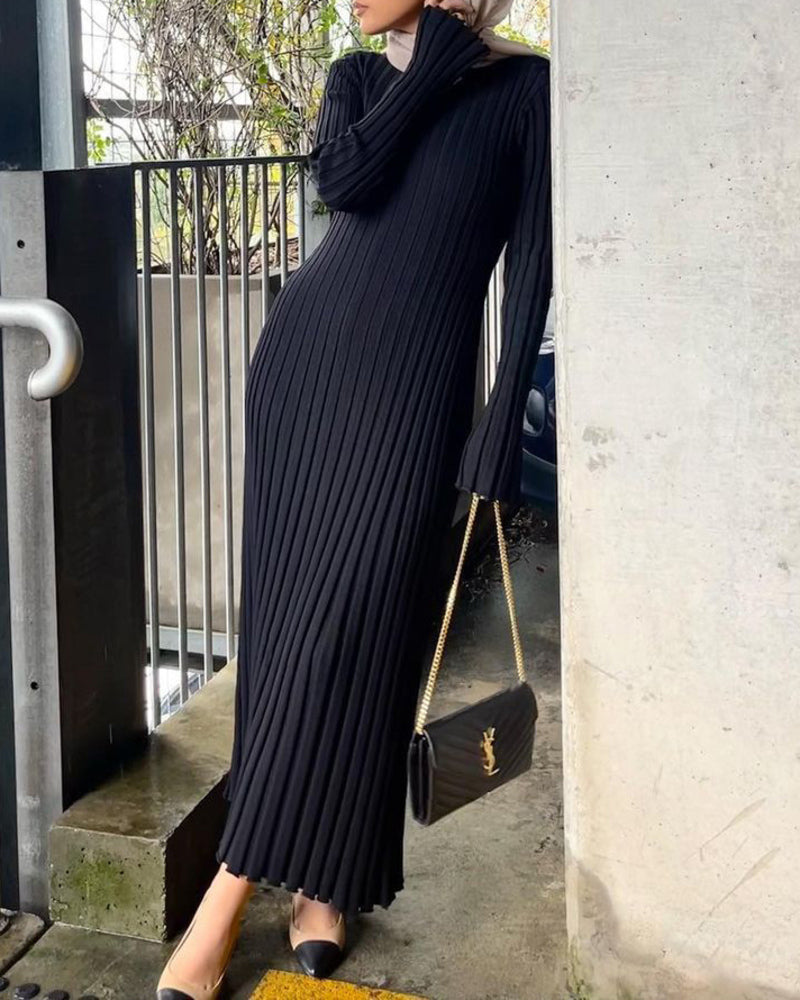 Long Sleeve Dress Crew-Neck Knit Maxi Dress Ribbed Elegant Long High Waist Pleated Dresses