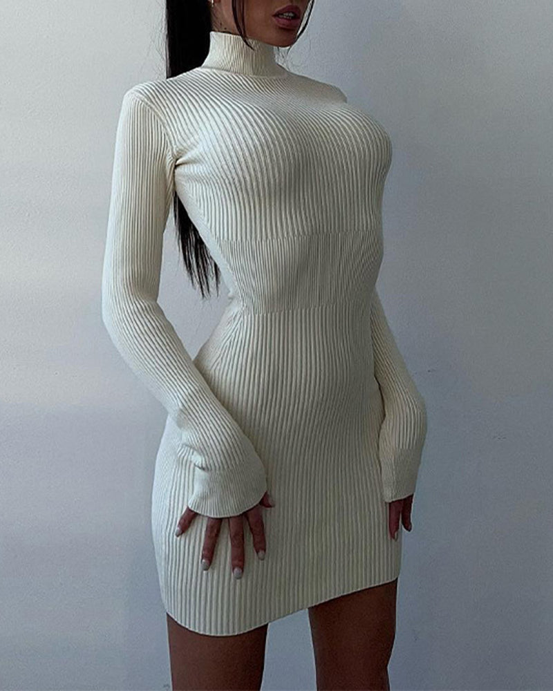 High Collar Mid-length Pitted Knitted Dresses Women's Solid Color Knitted Dress