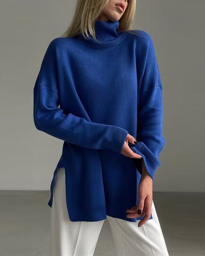 Turtleneck Loose Hem Slit Long Sleeve Knitted Pullover Sweater Tops
