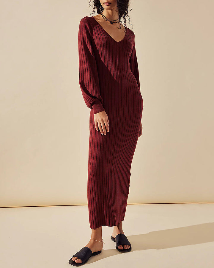 Casual Solid Color Knitted Dress V-neck Sweater Dress