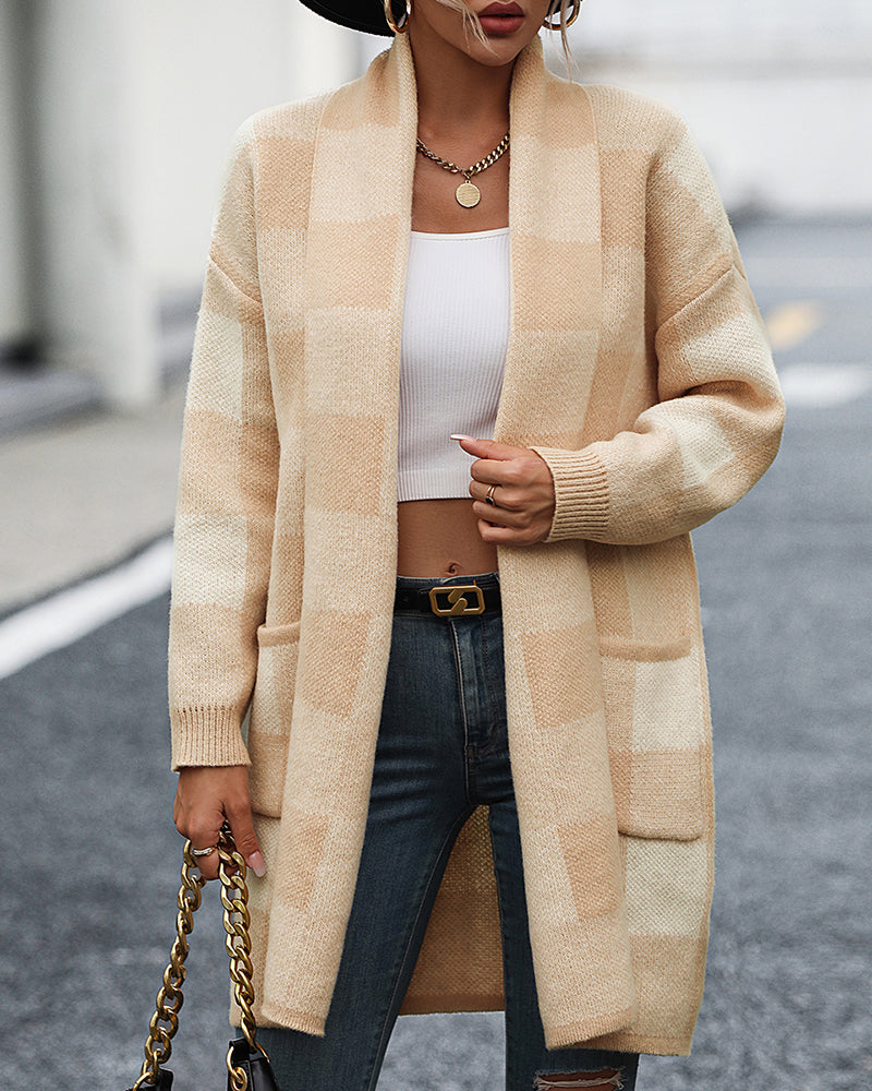Plaid Dropped Shoulder Cardigan with Pocket