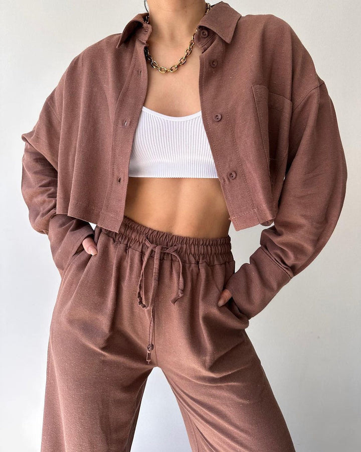 Two Piece Outfits Casual Lounge Sets Long Sleeve Short Casual Shirt with Drawstring Trousers Set