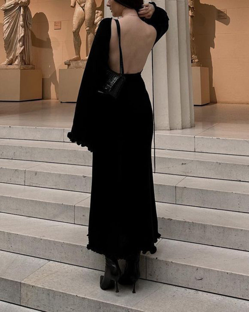 Elegant Fungus-trimmed Backless Strappy Dress