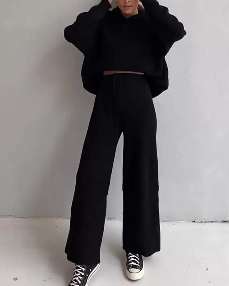 Casual Street Loose Two-piece Sweatsuit Hooded Knitted Loose Top + Wide-leg Pants