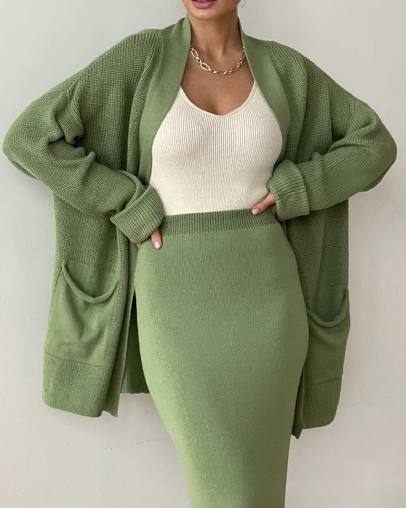 Two Piece Outfit Sweater Set Knitted Cardigan Loose High Waist Long Skirts
