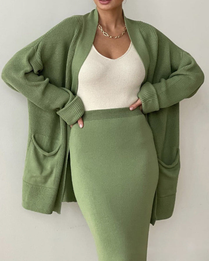 Two Piece Outfit Sweater Set Knitted Cardigan Loose High Waist Long Skirts