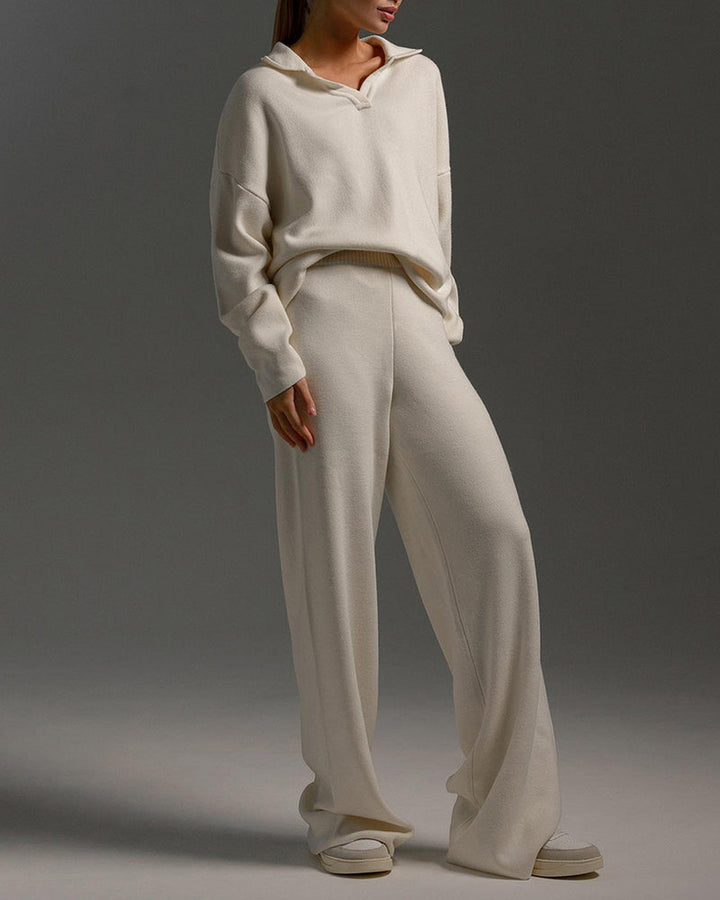 Casual Two-Pieces Outfits Lapel V Neck Sweater and Trousers Sets