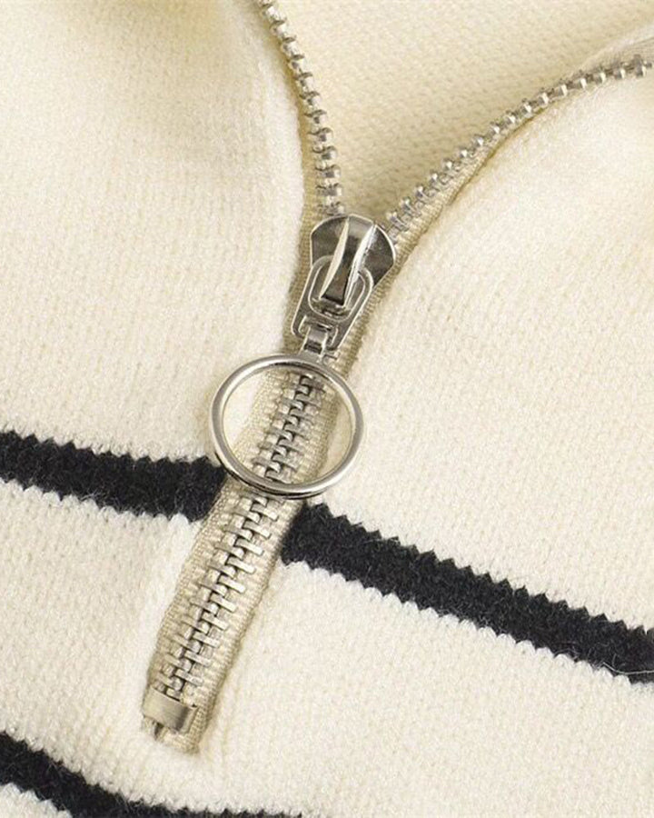 Mock Neck Zip-Up Striped Pullover Loose Sweater