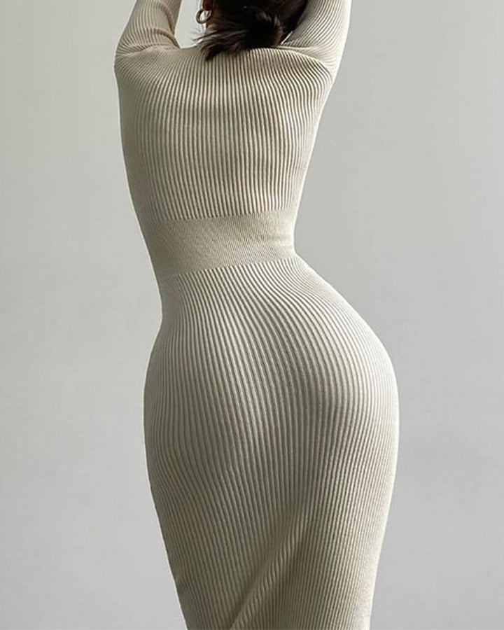 High Collar Mid-length Pitted Knitted Dresses Women's Solid Color Knitted Dress