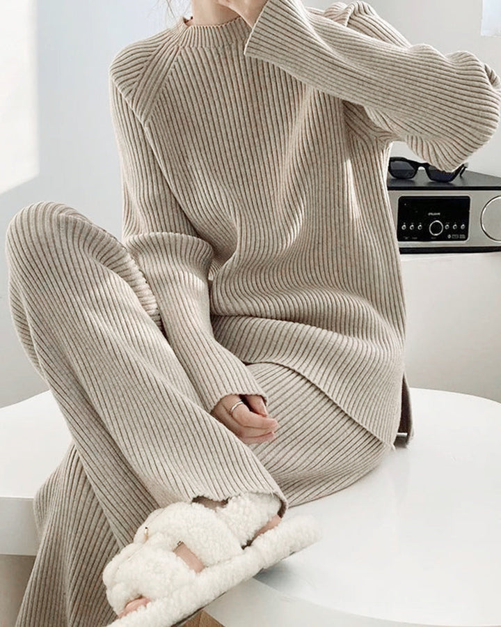 Solid Color Knitted Two Piece Casual Loose Loungewear Knit Sweater&Pants Set