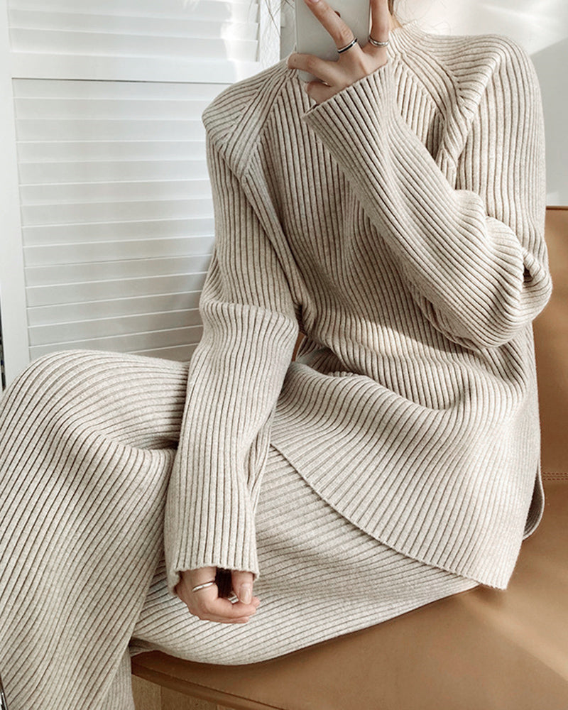 Solid Color Knitted Two Piece Casual Loose Loungewear Knit Sweater&Pants Set