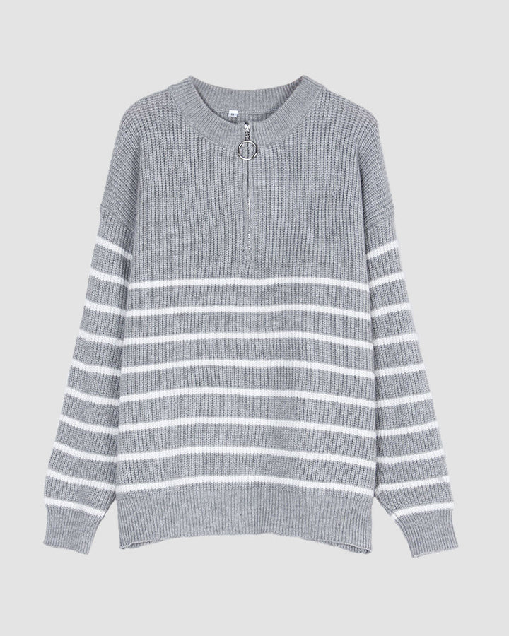 Striped Pattern Quarter Zipper Drop Shoulder Sweater Pullover