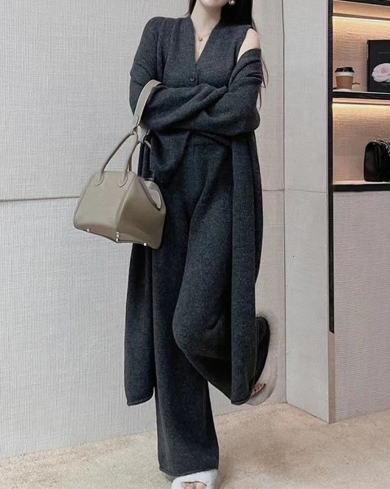 Knitted Three Piece Set Cardigan Sweater Vest and Wide Leg Pants