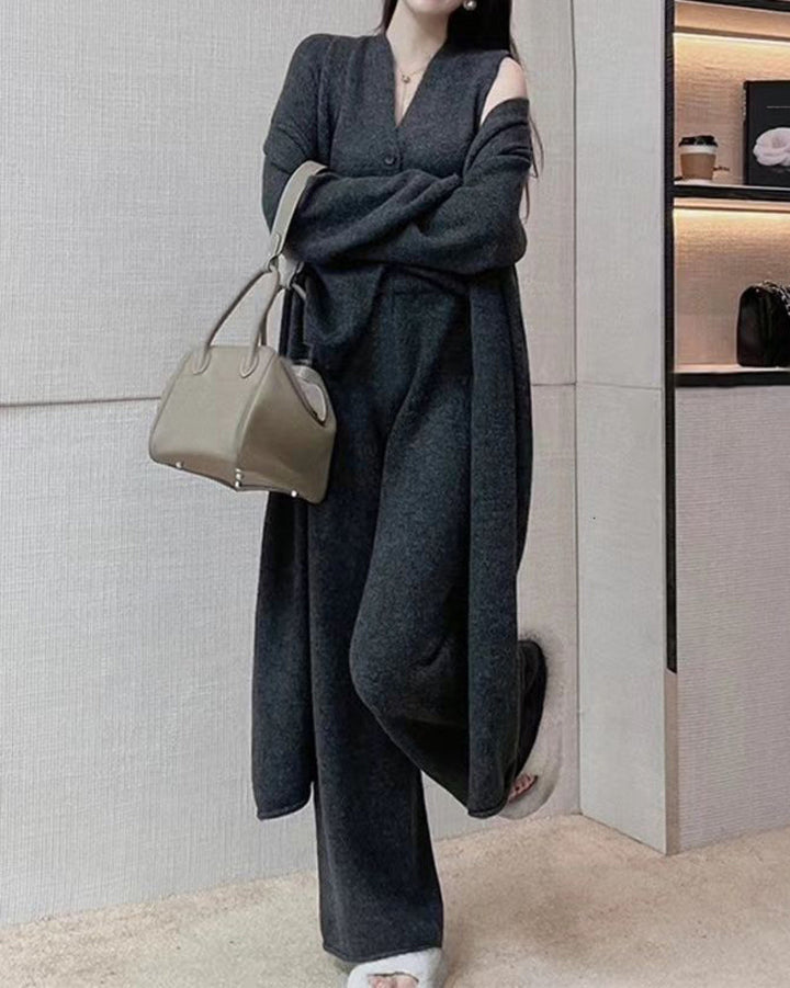 Knitted Three Piece Set Cardigan Sweater Vest and Wide Leg Pants