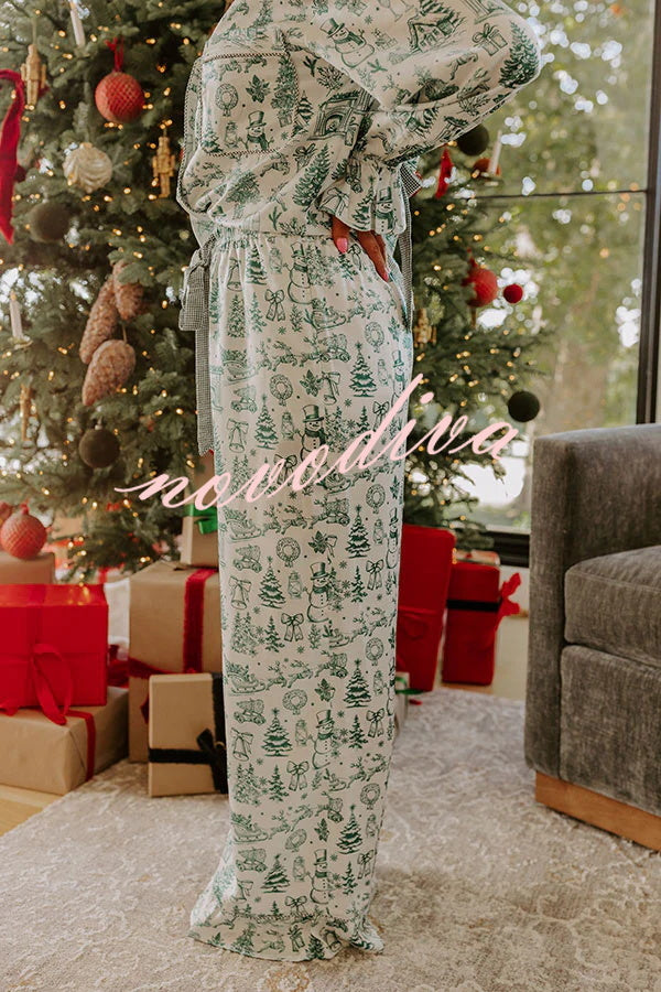 Christmas Night Satin Loose Shirt and Elastic Waist Pocketed Pajama Set