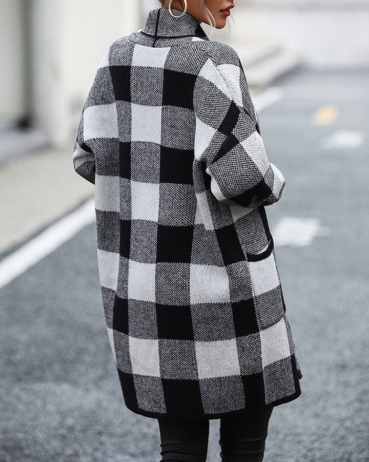 Plaid Dropped Shoulder Cardigan with Pocket