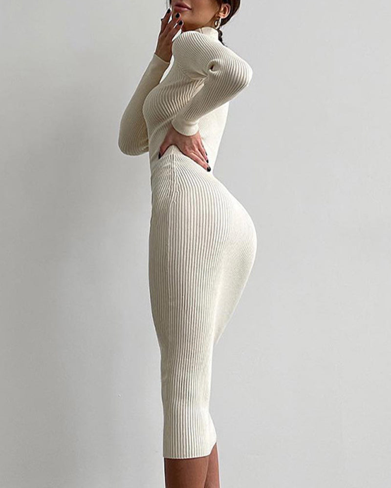 High Collar Short-length Pitted Knitted Dresses Women's Solid Color Knitted Dress