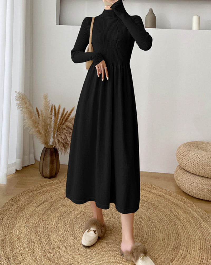Long-Sleeve High Neck Plain Ribbed Midi A-Line Knit Dress