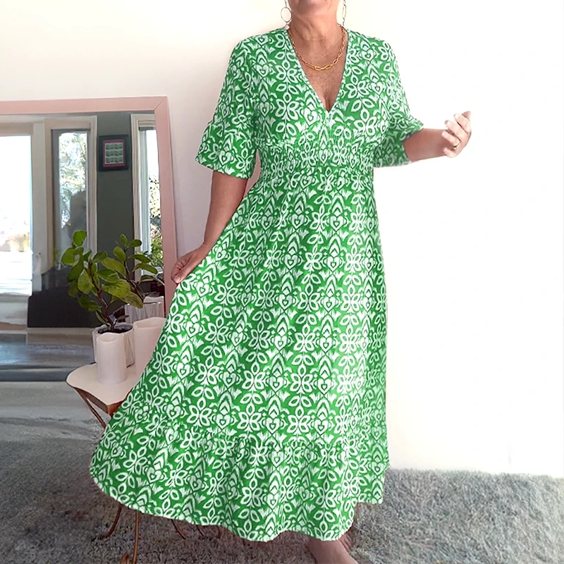 Olivia™ |Bohemian casual print V-neck waist wrap long dress