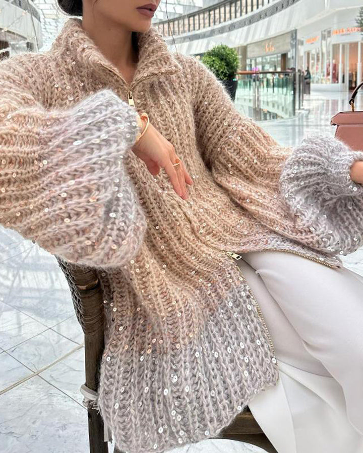 Solid Knit Sequined Sweater Jacket