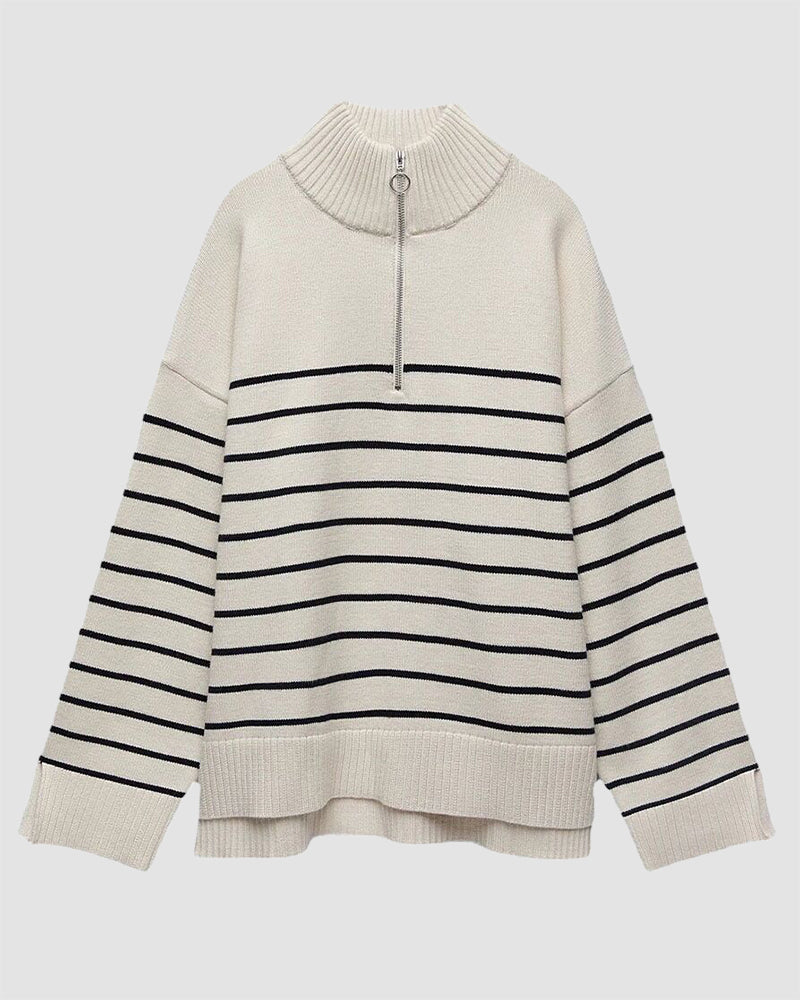 Mock Neck Zip-Up Striped Pullover Loose Sweater